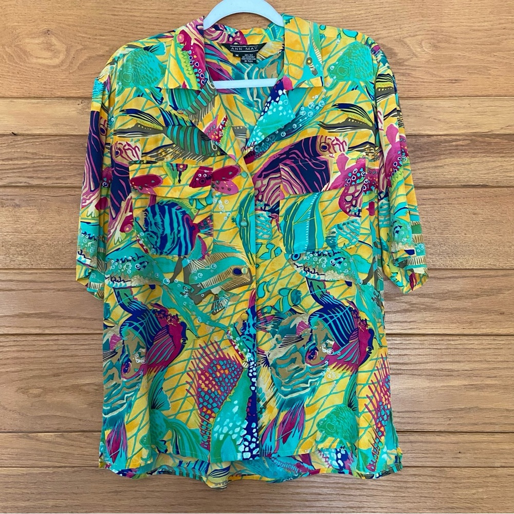 Vintage 90s Ann May silk fish button down shirt